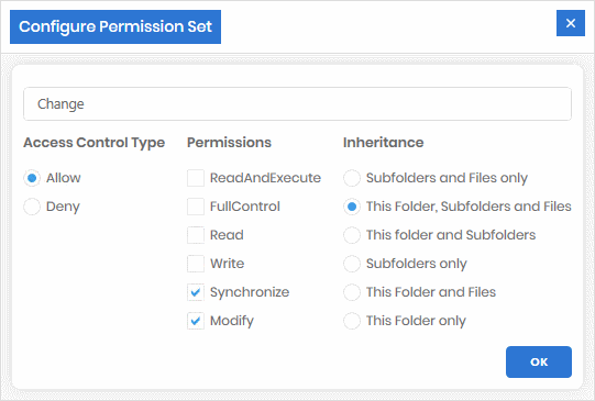 Give the name 'Change' to the NTFS permissions shown